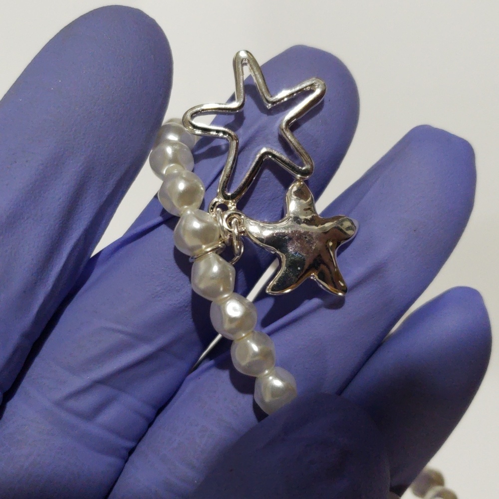 Periwinkle Silver tone Stars Beaded Stretchy Bracelet - Women's Fashion Jewelry - Picture 7 of 8